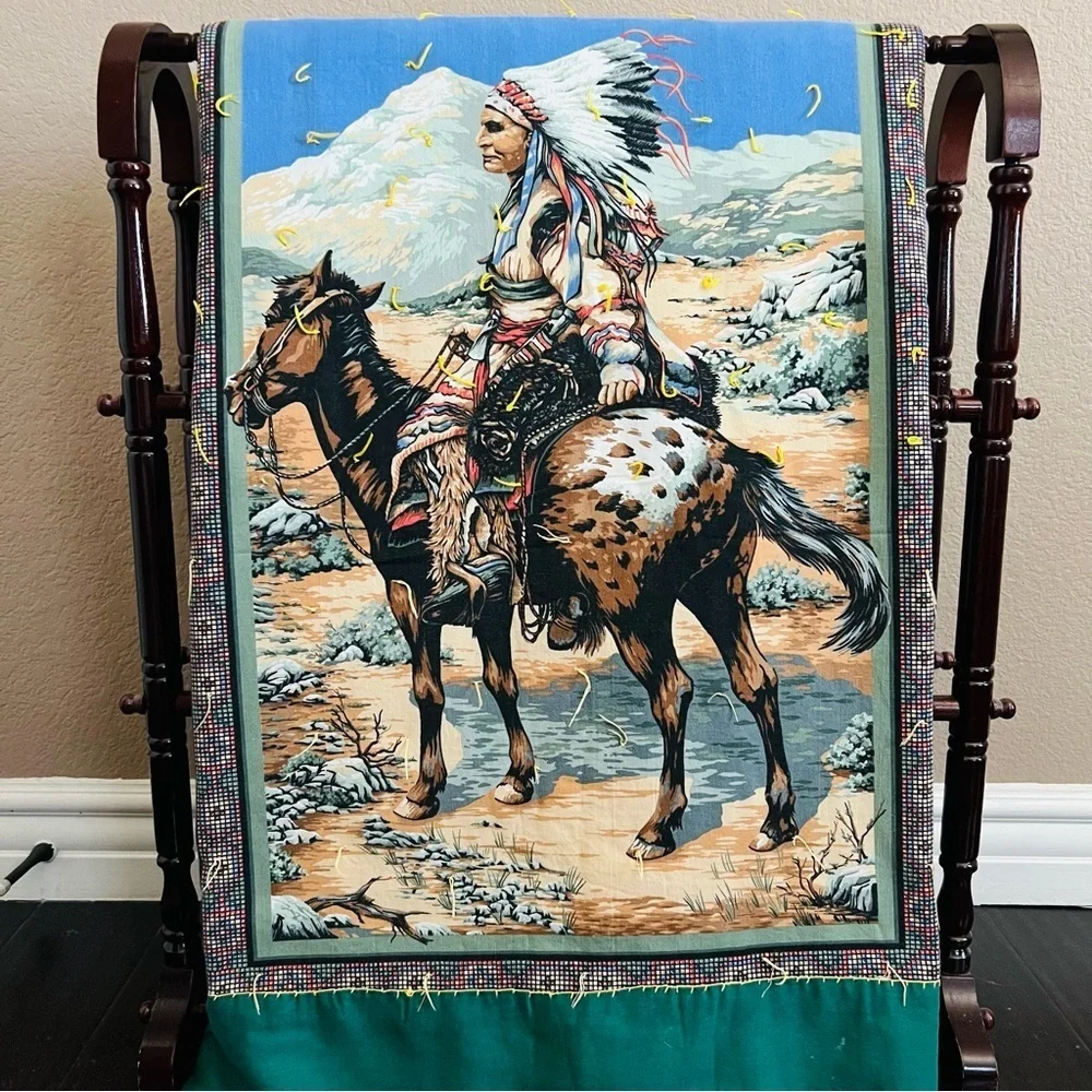 76”x52” Vintage Indian On Horse Eagles and wolfs Quilt.